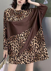 French Leopard O Neck Print Patchwork Cotton Mid Dress Batwing Sleeve