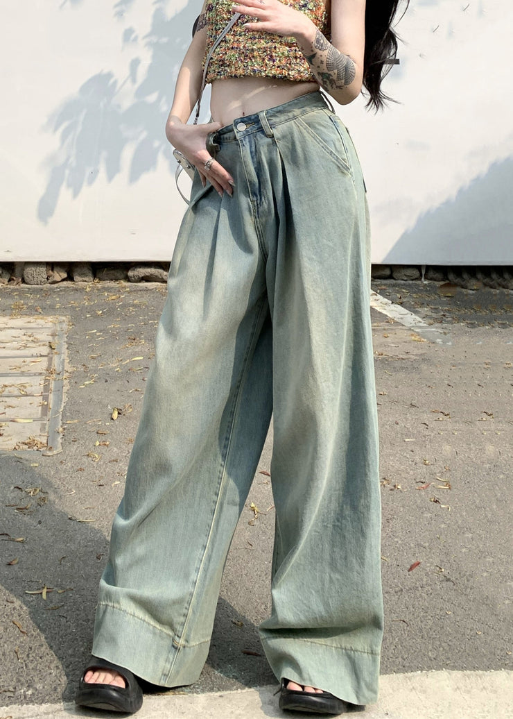 French Light Blue Pockets High Waist Wide Leg Pants Summer