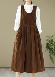 French Light Brown U Neck Bow Velour Strap Dress Spring