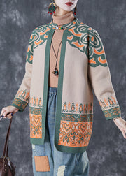 French Light Camel Oversized Print Cotton Cardigan Fall