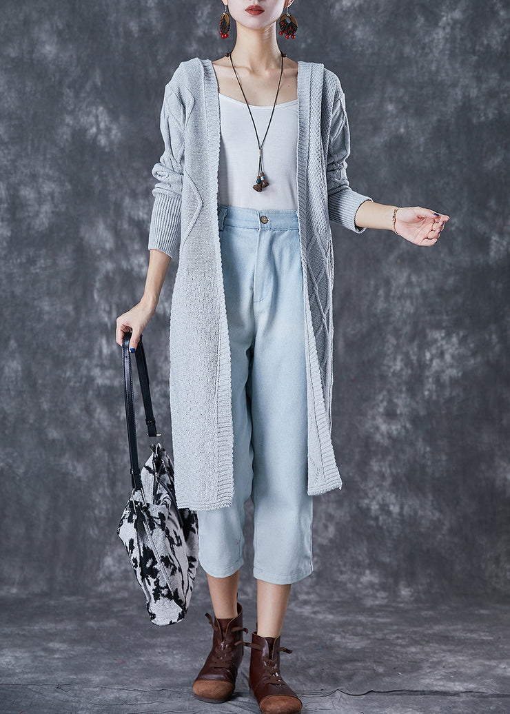 French Light Grey Hooded Cable Knit Loose Cardigan Fall