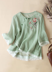 French Linen Embroidered Button Cotton Blouses Half Sleeve