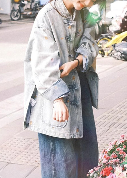 French Make Old Blue Button Pockets Denim Coats Long Sleeve