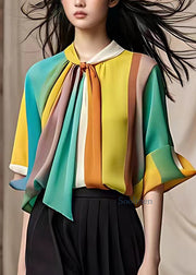 French Multi Bow Patchwork Chiffon Shirt Half Sleeve