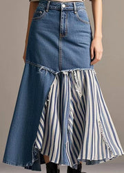 French Navy Asymmetrical Patchwork Striped Denim Skirt Spring