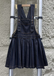 French Navy Button Wrinkled Denim Jumpsuit Sleeveless