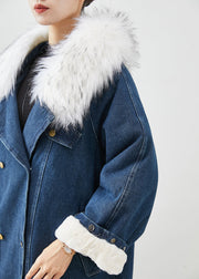 French Navy Fur Collar Thick Warm Fleece Denim Coats Fall