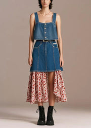 French Navy High Waist Patchwork Print Denim Skirt Fall