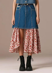 French Navy High Waist Patchwork Print Denim Skirt Fall