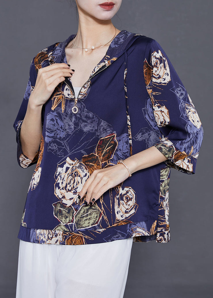 French Navy Hooded Print Silk Shirts Bracelet Sleeve