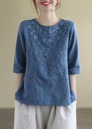 French Print2 O-Neck Embroideried Cotton Blouses Half Sleeve