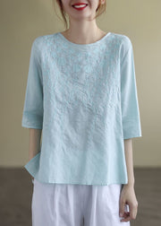 French Print5 O-Neck Embroideried Cotton Blouses Half Sleeve