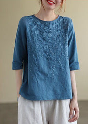 French Print1 O-Neck Embroideried Cotton Blouses Half Sleeve