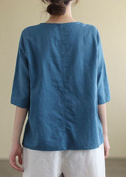 French Print1 O-Neck Embroideried Cotton Blouses Half Sleeve