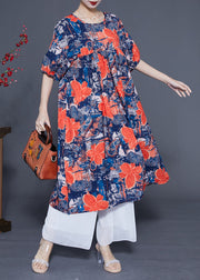 French Navy O-Neck Floral Print Silk Maxi Dress Summer