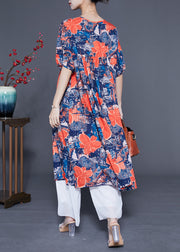 French Navy O-Neck Floral Print Silk Maxi Dress Summer