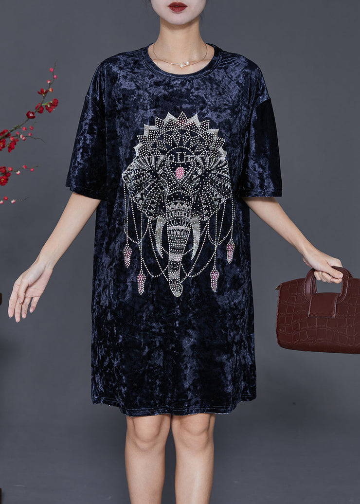 French Navy Oversized Elephant Silk Velour Dress Half Sleeve