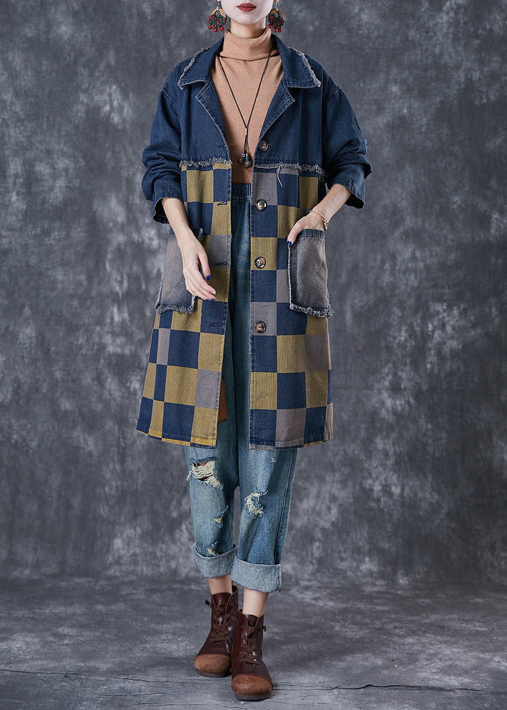 French Navy Oversized Patchwork Plaid Denim Coats Fall