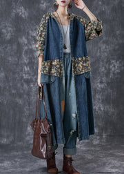 French Navy Oversized Patchwork Print Denim Trench Coats Fall