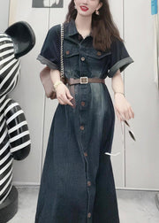 French Navy Peter Pan Collar Patchwork Button Denim Maxi Dress Summer