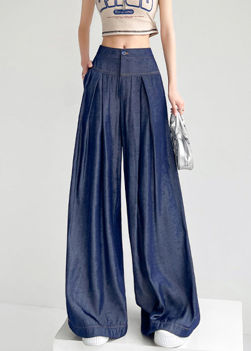 French Navy Pockets High Waist Denim Pants Summer