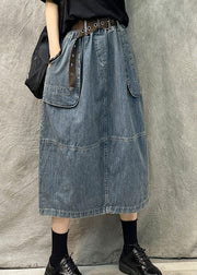 French Navy Pockets Patchwork Denim Straight Skirt Summer