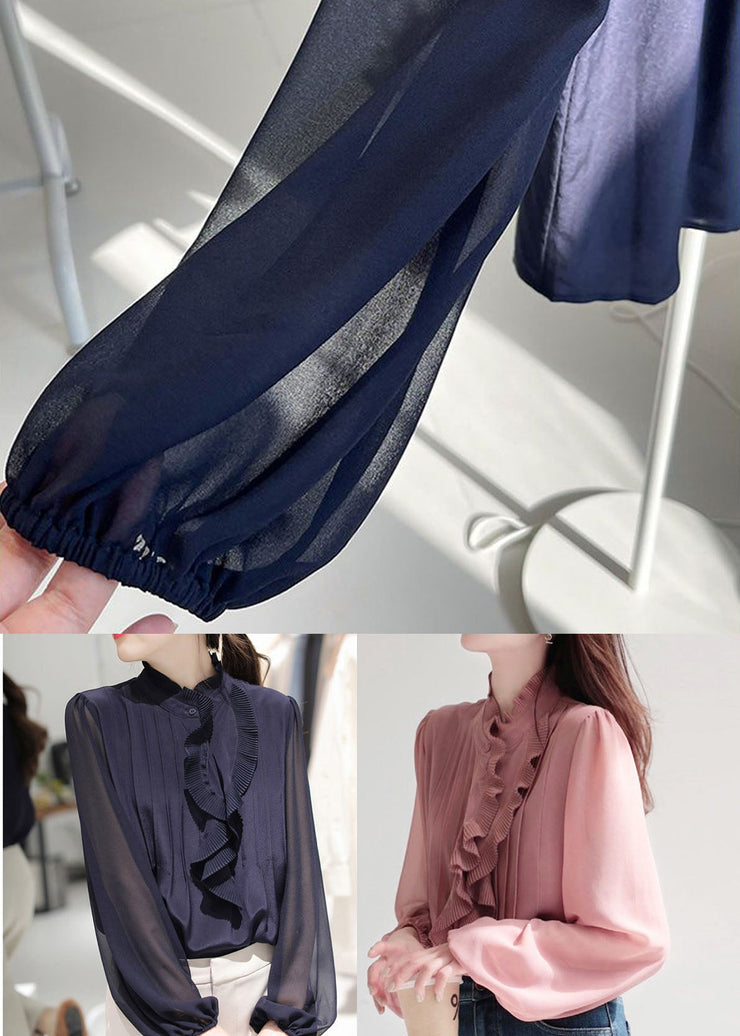 French Navy Stand Collar Ruffled Silk Blouses Spring