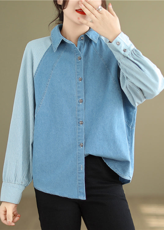 French Navy Striped Peter Pan Collar Patchwork Denim Shirts Long Sleeve