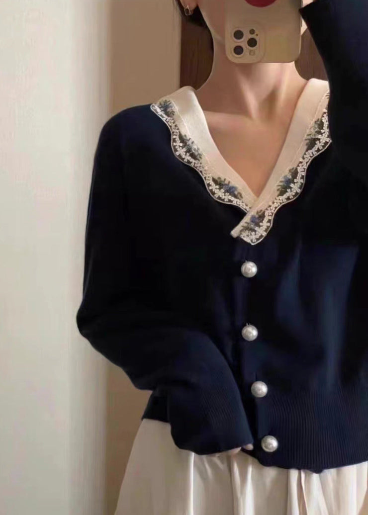 French Navy V Neck Button Patchwork Knit Coats Long Sleeve