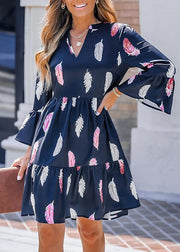 French Navy V Neck Print Patchwork Mid Dress Flare Sleeve