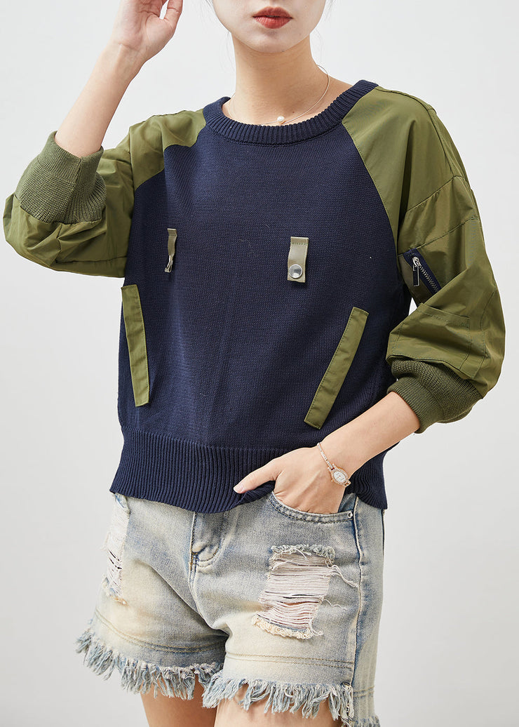 French Navy Zip Up Patchwork Knit Sweatshirts Top Spring