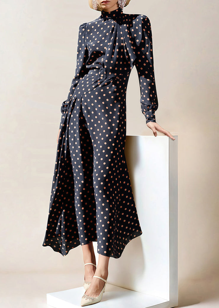 French Navy Zippered Dot High Waist Chiffon Long Dress Fall