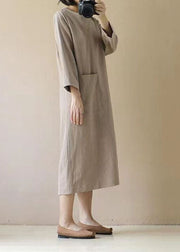 French O Neck Pockets Patchwork Linen Dress Spring