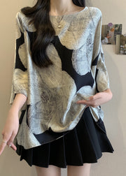 French O-Neck Print Batwing Sleeve Shirt Top