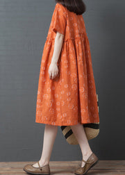 French Orange Dot Print Maxi Dress Short Sleeve