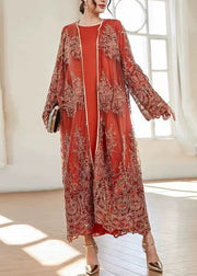 French Orange Embroidered Solid Tulle Two Piece Suit Spring