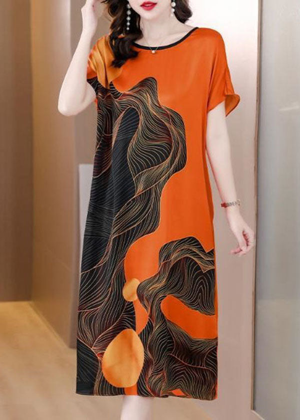 French Orange O Neck Print Patchwork Silk Dress Short Sleeve