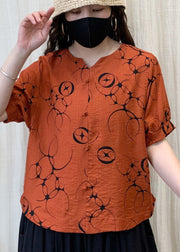 French Orange Oversized Print Linen Shirt Tops Summer