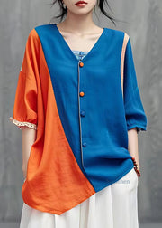 French Orange Patchwork Button Shirt Fall