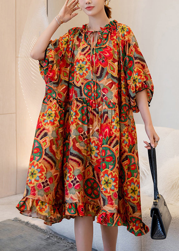 French Orange Print Ruffled Patchwork Maxi Dress Batwing Sleeve