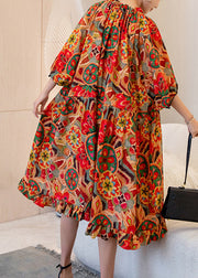 French Orange Print Ruffled Patchwork Maxi Dress Batwing Sleeve