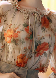 French Orange Ruffled Print Chiffon Blouses Lantern Sleeve