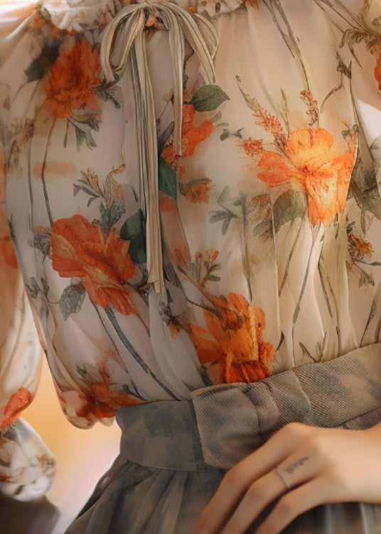 French Orange Ruffled Print Chiffon Blouses Lantern Sleeve