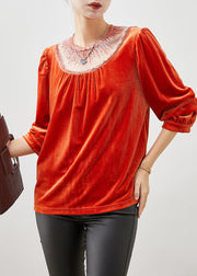 French Orange Sequins Patchwork Silk Velour Shirts Fall