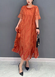 French Orange Stand Collar Embroideried Tulle Dresses Summer