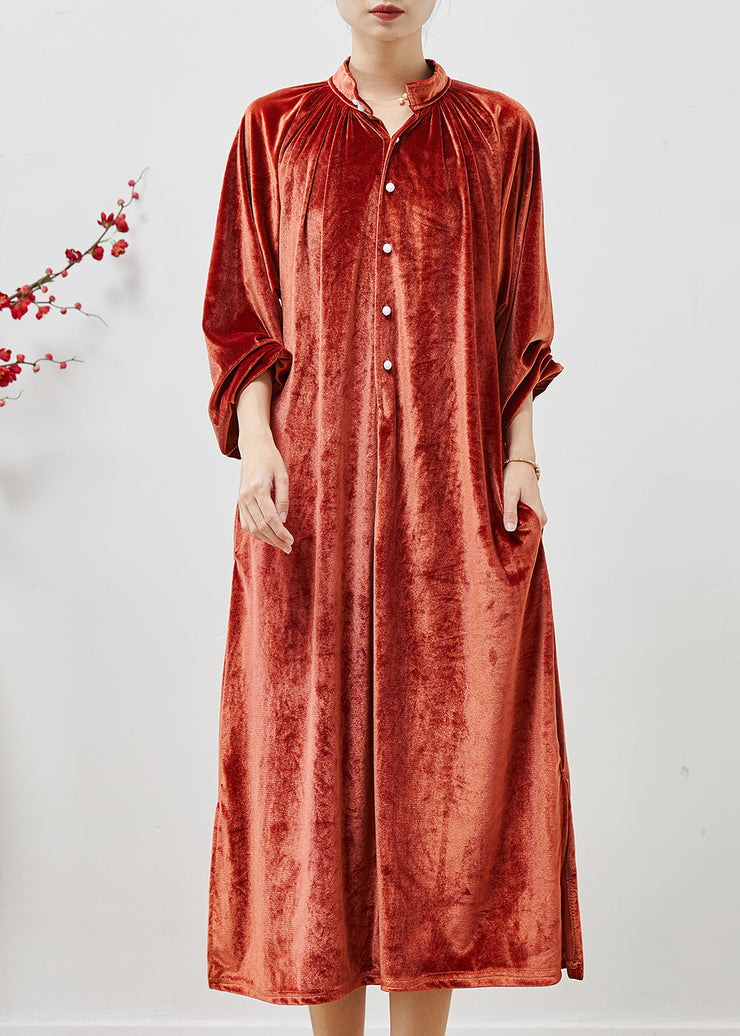 French Orange Stand Collar Silk Velvet Long Dresses Fall