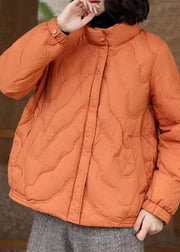 French Orange Stand Collar Zip Up Duck Down Jackets Winter