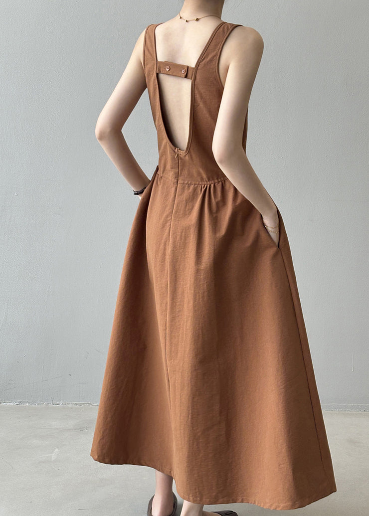 French Orange U Neck Backless Cotton Long Dresses Sleeveless