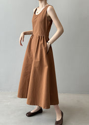 French Orange U Neck Backless Cotton Long Dresses Sleeveless