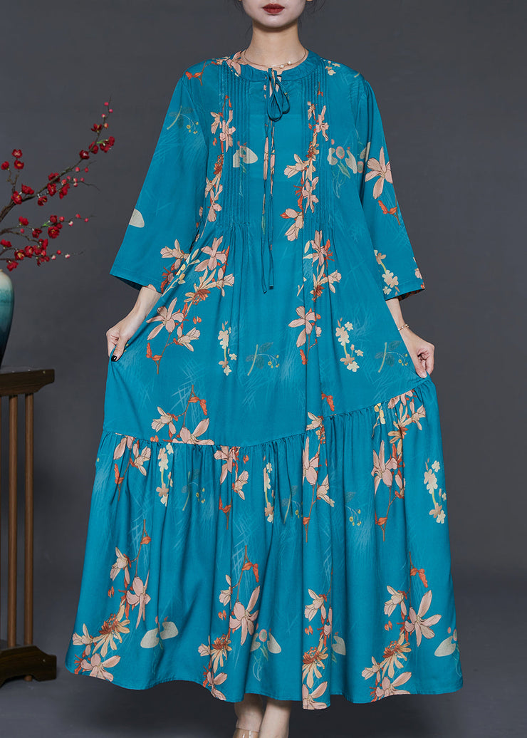 French Peacock Blue Print Wrinkled Silk Holiday Dress Summer